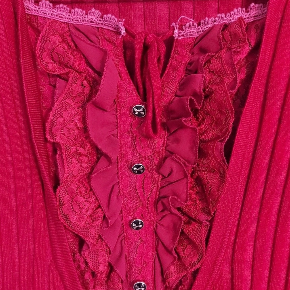 Lavena Romantic Pull On Sweater Cranberry Ruffles Bow Tie Buttons XXL - Picture 3 of 8